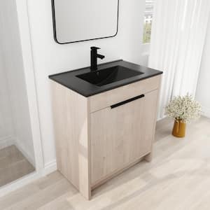 30 in. W x 18 in. D x 34 in. H Freestanding Oak Bath Vanity with Black Top Single Ceramic Sink and Storage Cabinet