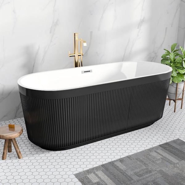67 in. x 31 in. Acrylic Flatbottom Freestanding Soaking Bathtub in Glossy Black with Brushed Nickel Center Drain