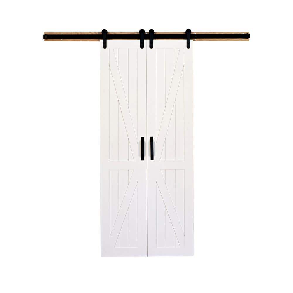 36 in. x 84 in. Board and Batten Primed Solid Wood Split Barn Door with Har