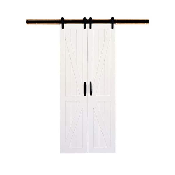 Unbranded 36 in. x 84 in. Board and Batten Primed Solid Wood Split Barn Door with Hardware Kit
