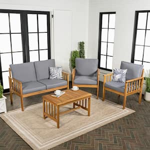 Everly 4-Piece Cottage Acacia Wood Outdoor Patio Set and Tropical Decorative Pillows, Gray/Teak Brown Cushions