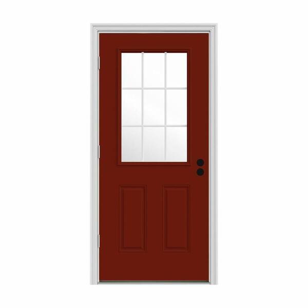 JELD-WEN 34 in. x 80 in. 9 Lite Mesa Red Painted Steel Prehung Right-Hand Outswing Entry Door w/Brickmould