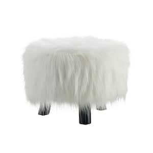 Daisy White 16" Round Faux Fur Foot Stool with Black Finished Legs