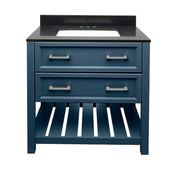Amluxx Milan 31 in. W x 22 in. D x 36 in. H Bath Vanity in Navy Blue with Quartz Stone Vanity Top in Galaxy Black
