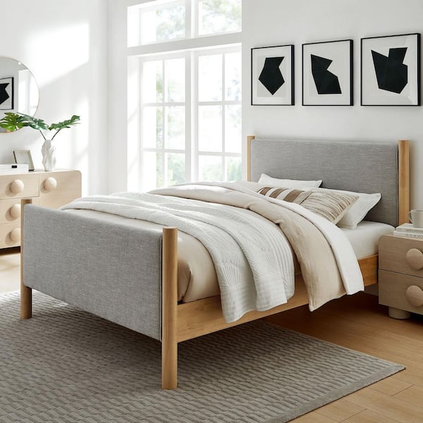 MODWAY Maven Beige Wood Frame King Platform Bed with Upholstered Fabric Headboard and Footboard
