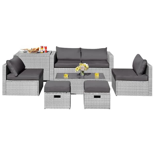 Costway 8-Pieces Wicker Patio Conversation Set Storage with Waterproof Cover and Grey Cushion