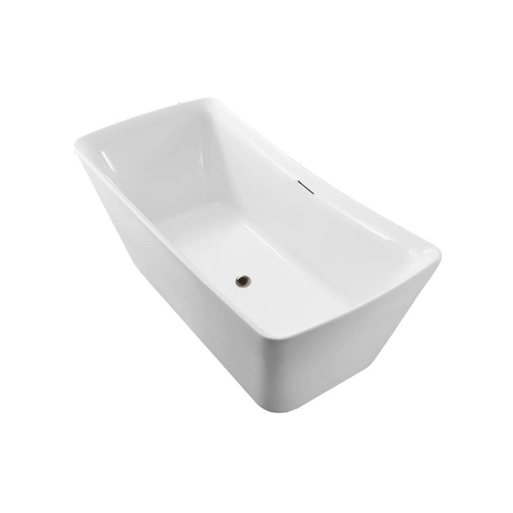62'' White Freestanding Acrylic Soaking Bathtub with Brushed Nickel Drain
