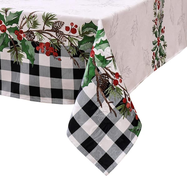 Holly Farmhouse Charm Holiday Fabric Tablecloth, Multicolor - 60"W x 120"L