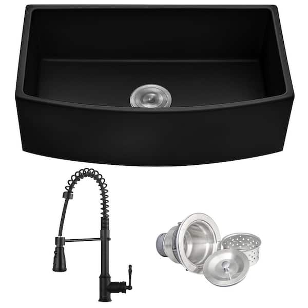 Black Fireclay 30 in. Single Bowl Apron-Front Kitchen Sink with Faucets and Basket Strainer