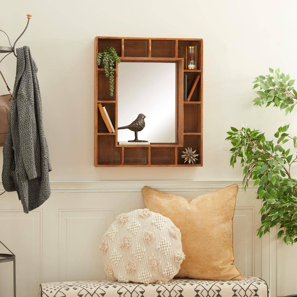 Elegant 24" Brown Wood Rectangular Wall Mirror with Storage Shelves