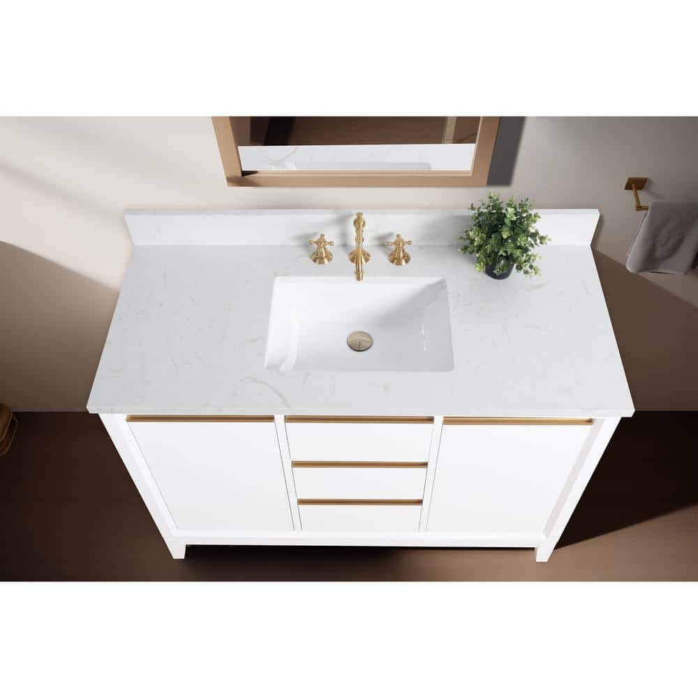 48" White MDF Freestanding Bathroom Vanity with Gold Accents
