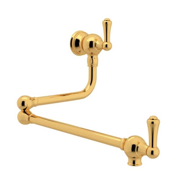 Edwardian Era Wall Mounted Pot Filler with Swing Arm And Lever Handles in English Gold