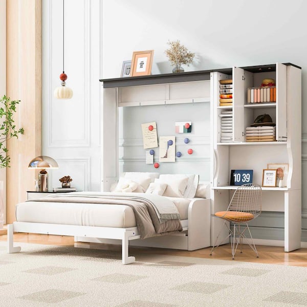 White Wood Frame Full Murphy Bed with Sofa, Desk, and Storage Cabinet