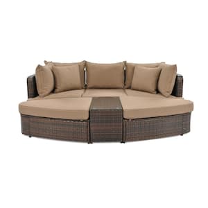 6-Piece Wicker Patio Conversation Set, Outdoor Round Sofa Set with Brown Cushions and Coffee Table