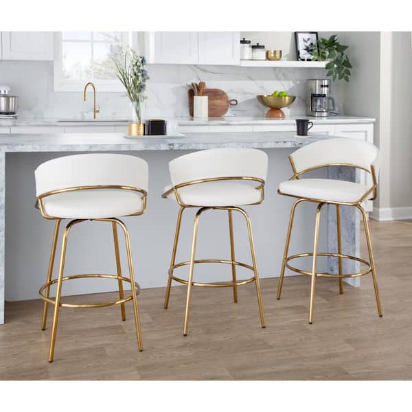 Jie 25.75 in. White Faux Leather and Gold Metal Fixed-Height Counter Stool (Set of 2)