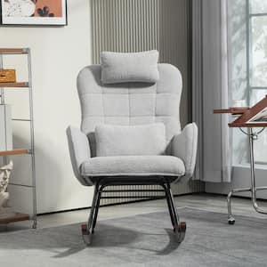 Upholstered Rocking Chair with Headrest and Lumbar Pillow, High-Back Boucle Rocker with Steel Frame, Light Gray