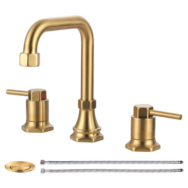 3 Hole 8 in. Widespread Double Handle Bathroom Faucet with Pop up Drain and Hose in Gold (1-Pack)