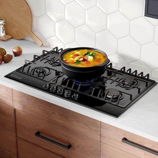 36 in. Gas Stove Cooktop with Italy SABAF 5-Burners NG/LPG Convertible in Black Tempered Glass