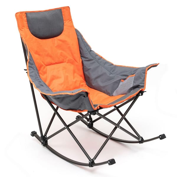 Oversized Rocking Camping Chair, Fully Padded Patio Chair High Back Portable Lawn Recliner with Headrest Orange