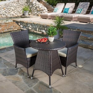 Melissa Multi-Brown 3-Piece Faux Rattan Round Outdoor Patio Bistro Set with Creme Cushions