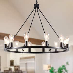 Loughlam 12-Light Black Farmhouse Candle Style Wagon Wheel Chandelier for Living Room Kitchen Island Dining Room Foyer