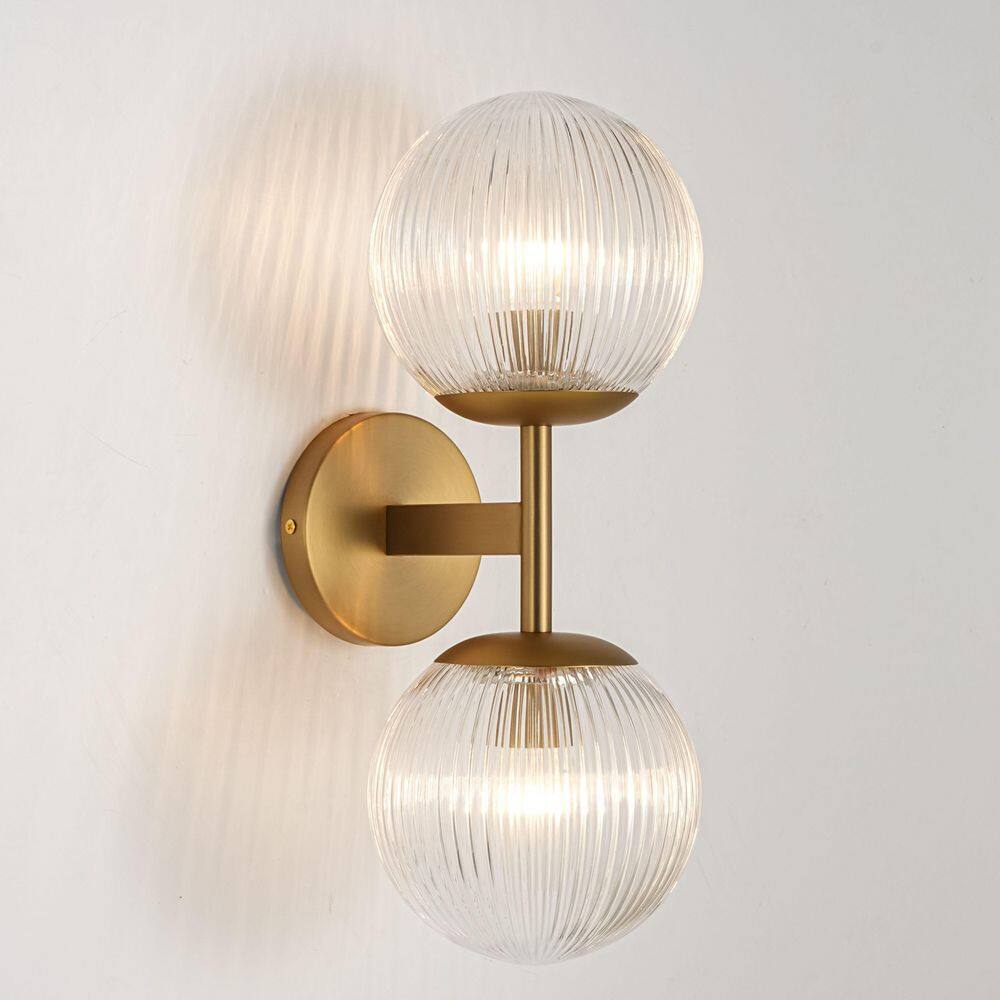 Noble 6.3 in. 2-Light Vintage Brushed Gold Vertical Design Wall Sconce with Clear Globe Ribbed Glass Shade price history on PriceWatchPro