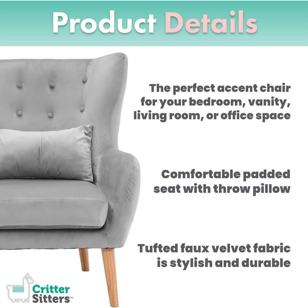 Elegant Gray Faux Velvet Wingback Accent Armchair with Wooden Legs