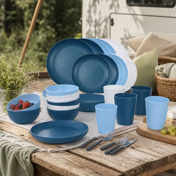 Numhew 24-Piece Modern Blue Unbreakable Dinnerware Set, Dishwasher
