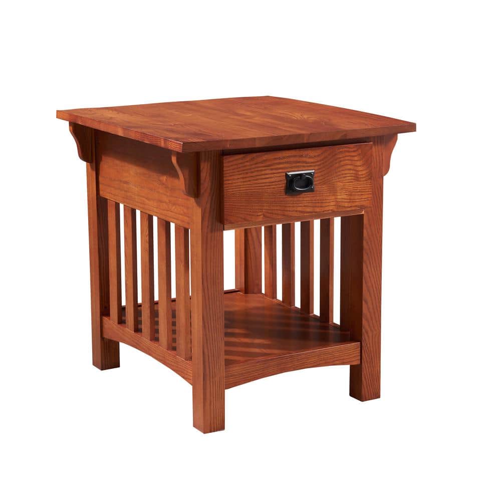 Medium Oak Wood Rectangular End Table with Storage