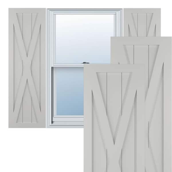 Ekena Millwork 12 in. x 34 in. True Fit PVC Single X-Board Farmhouse Fixed Mount Board and Batten Shutters, Hailstorm Gray (Per Pair)