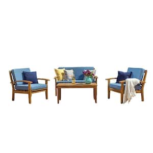 Galilea Teak Finish 4-Piece Wood Patio Conversation Set with Blue Cushions