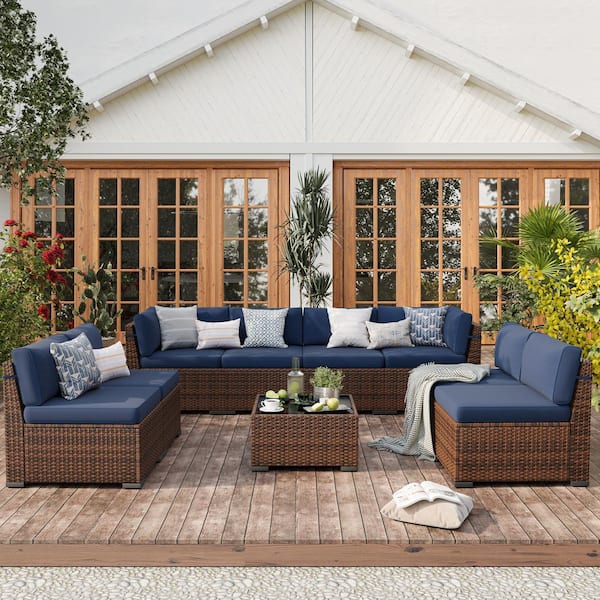 ELPOSUN 9-Piece Wicker Patio Conversation Set with Navy Cushions