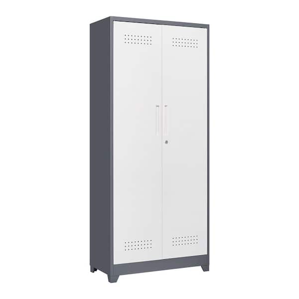 31.5 in. W x 15.8 in. D x 72.8 in. H Grey+White Metal Outdoor Storage Cabinet, Cleaning Tool Cabinets With Locking Doors