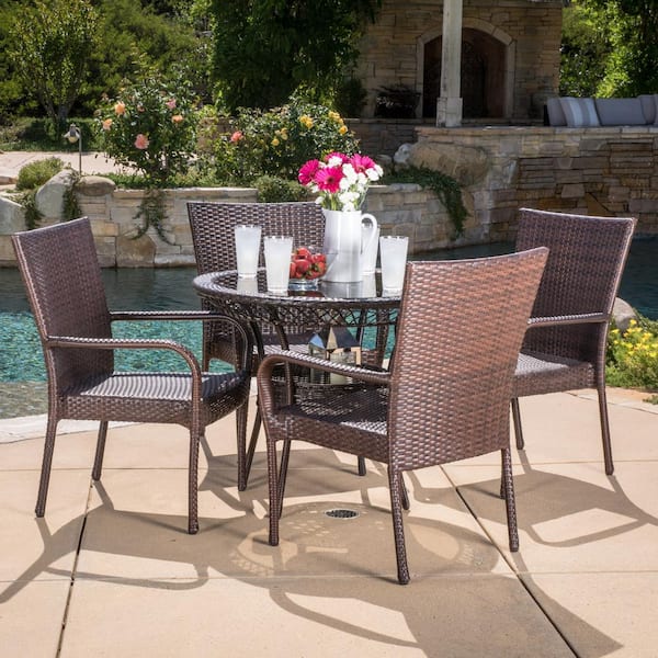 Noble House Littleton Multi Brown 5 Piece Faux Rattan Outdoor Dining Set 6188 The Home Depot 