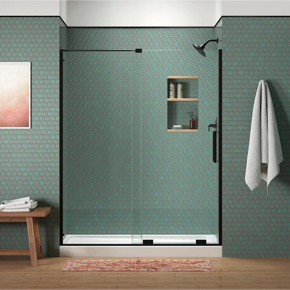 Matte Black Frameless Sliding Shower Door with Clear Glass