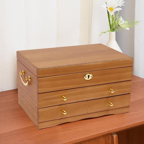 YIYIBYUS 3 Layers Retro Wooden Jewelry Box with Mirror and Lock OT