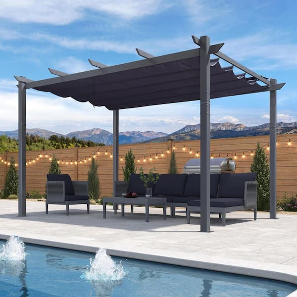 PURPLE LEAF 10 ft. x 13 ft. Dark Gray Aluminum Frame Patio Pergola Gazebo with Blue Retractable Sunshade Canopy and Extra Top Roof