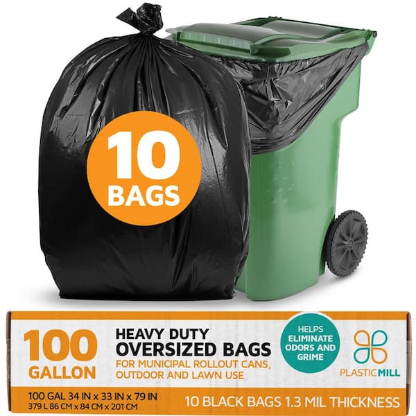 PlasticMill 67 in. W x 79 in. H. 100 Gal. 1.3 mil Black Trash Bags (10-Count)