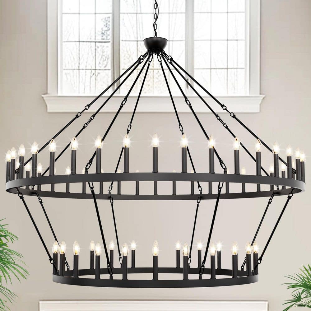 Briignite 70 in. 64-Light Black Farmhouse Wagon Wheel Chandelier