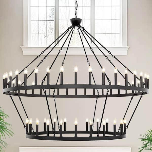 70 in. 64-Light Black Farmhouse Wagon Wheel Chandelier, Extra-Large 2-Tier Pendant Light for Living Room or Entryway