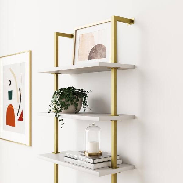 Nathan James Theo 85 In White Gold, Stairway Black Wall Mounted Bookcase 96 Height