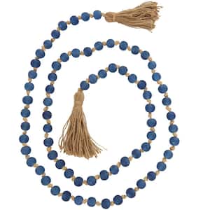 Dark Blue Handmade Glass Round Long Frosted Beaded Garland with Tassel with Knotted Brown Jute