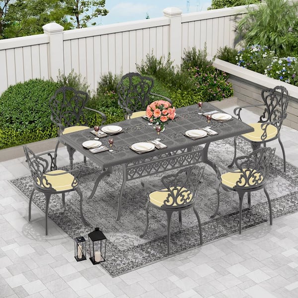 Runesay 7-Piece Set of Cast Aluminum Patio Outdoor Dining Set with Random Colors Cushions and Black Frame