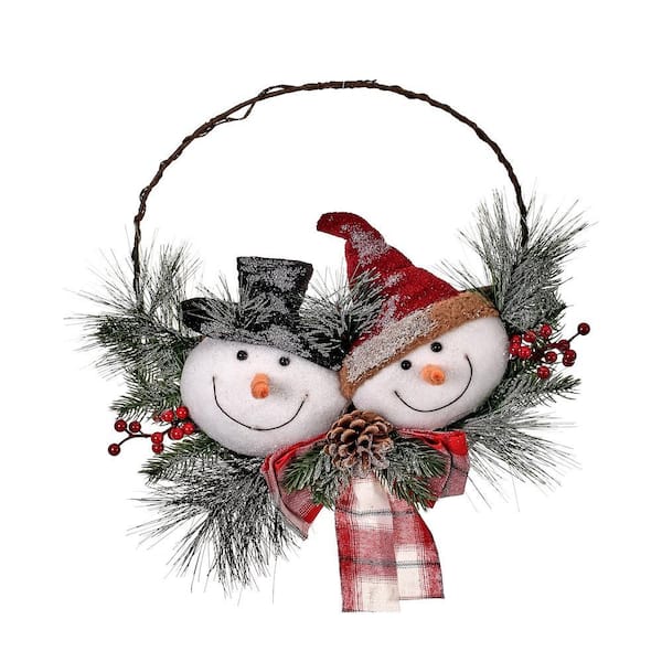 19 in. Snowman Head Wreath with Plaid Bow
