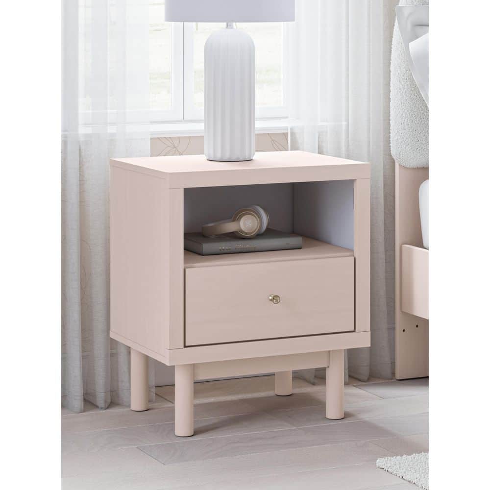 Blush Pink Transitional Nightstand with USB Ports and 1 Drawer
