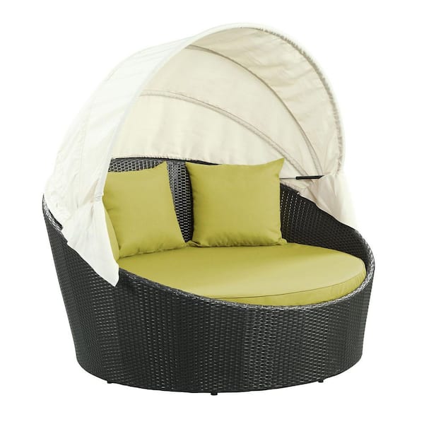 Siesta Wicker Rattan Outdoor Patio Canopy Day Bed with Cushion in Espresso Peridot