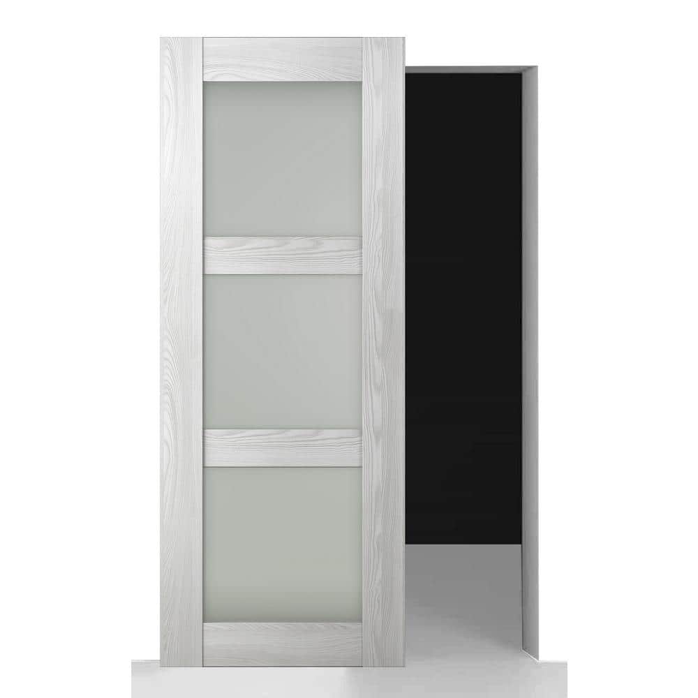 Vona 3-Lite 32 in. x 80 in. Frosted Glass Ribeira Ash Wood w/BaseBoard Hidden Sliding Barn Door with Hardware Kit price history on PriceWatchPro