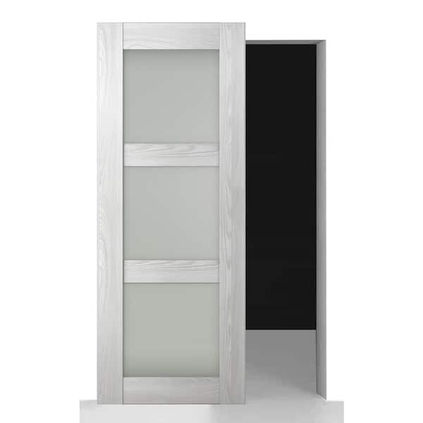 Vona 3-Lite 32 in. x 84 in. Frosted Glass Ribeira Ash Wood with o BaseBoard Hidden Sliding Barn Door with Hardware Kit