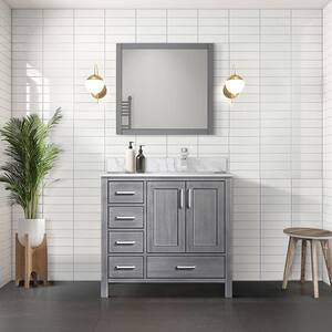 Jacques 36 in. W x 22 in. D Right Offset Distressed Grey Bath Vanity, Carrara Marble Top, Faucet Set, and 34 in. Mirror