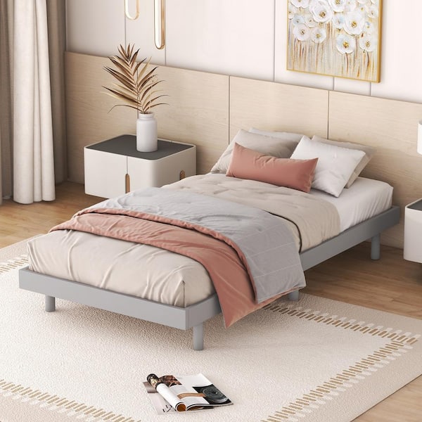 Harper & Bright Designs Gray Wood Frame Twin Size Modern Platform Bed with 6 Solid Rubberwood Legs